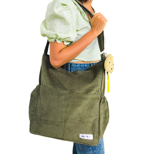 Corduroy Organized Shoulder Bag - Army green