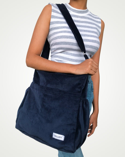 Corduroy Organized Shoulder Bag - Dark Blue