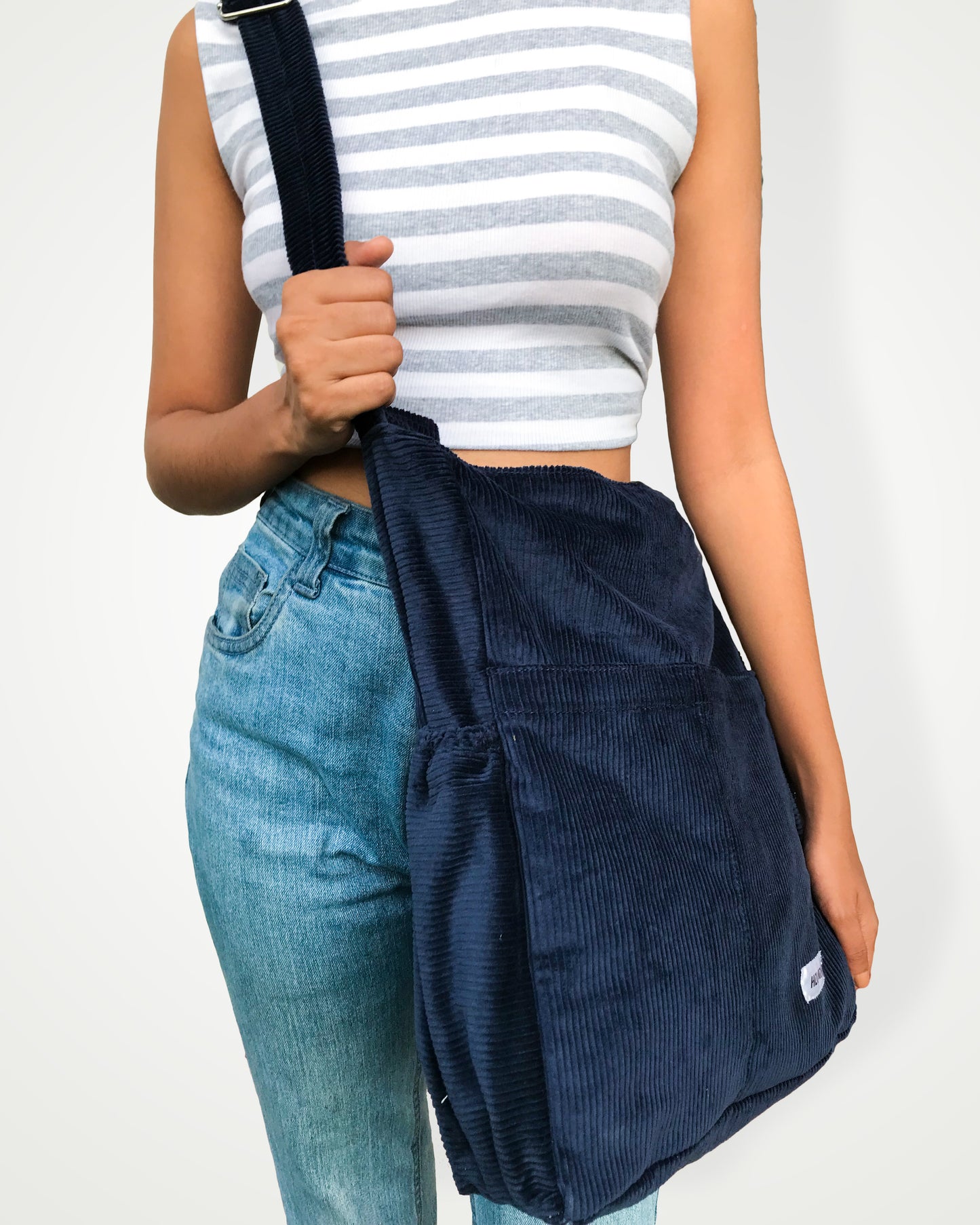 Corduroy Organized Shoulder Bag - Dark Blue