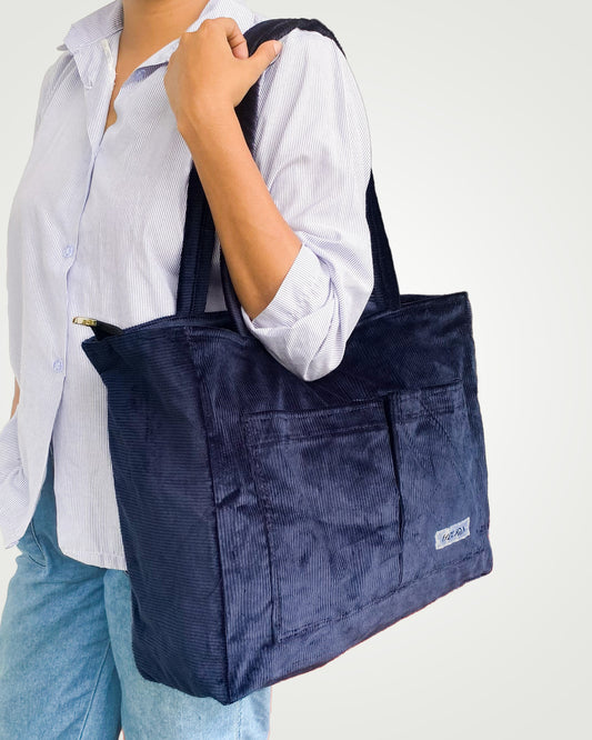 Corduroy Organized Tote Bag - Dark Blue