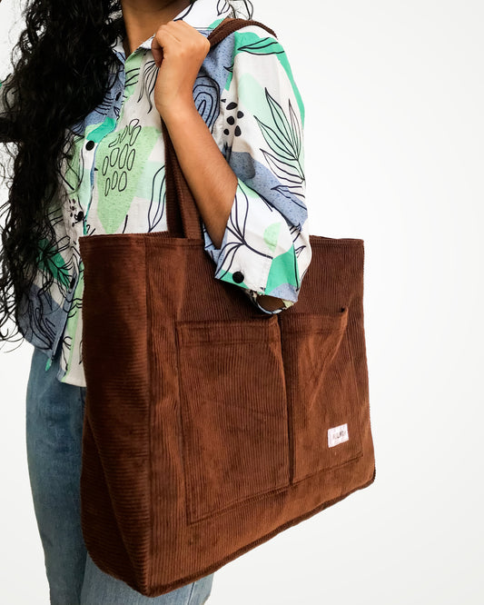 Corduroy Organized Tote Bag - Coffee Brown