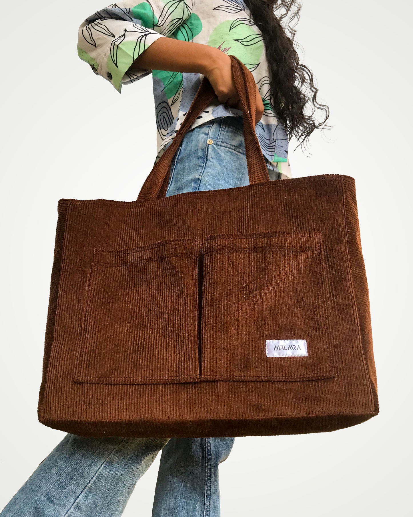 Corduroy Organized Tote Bag - Coffee Brown