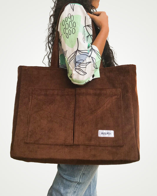 Corduroy Organized Tote Bag - Coffee Brown