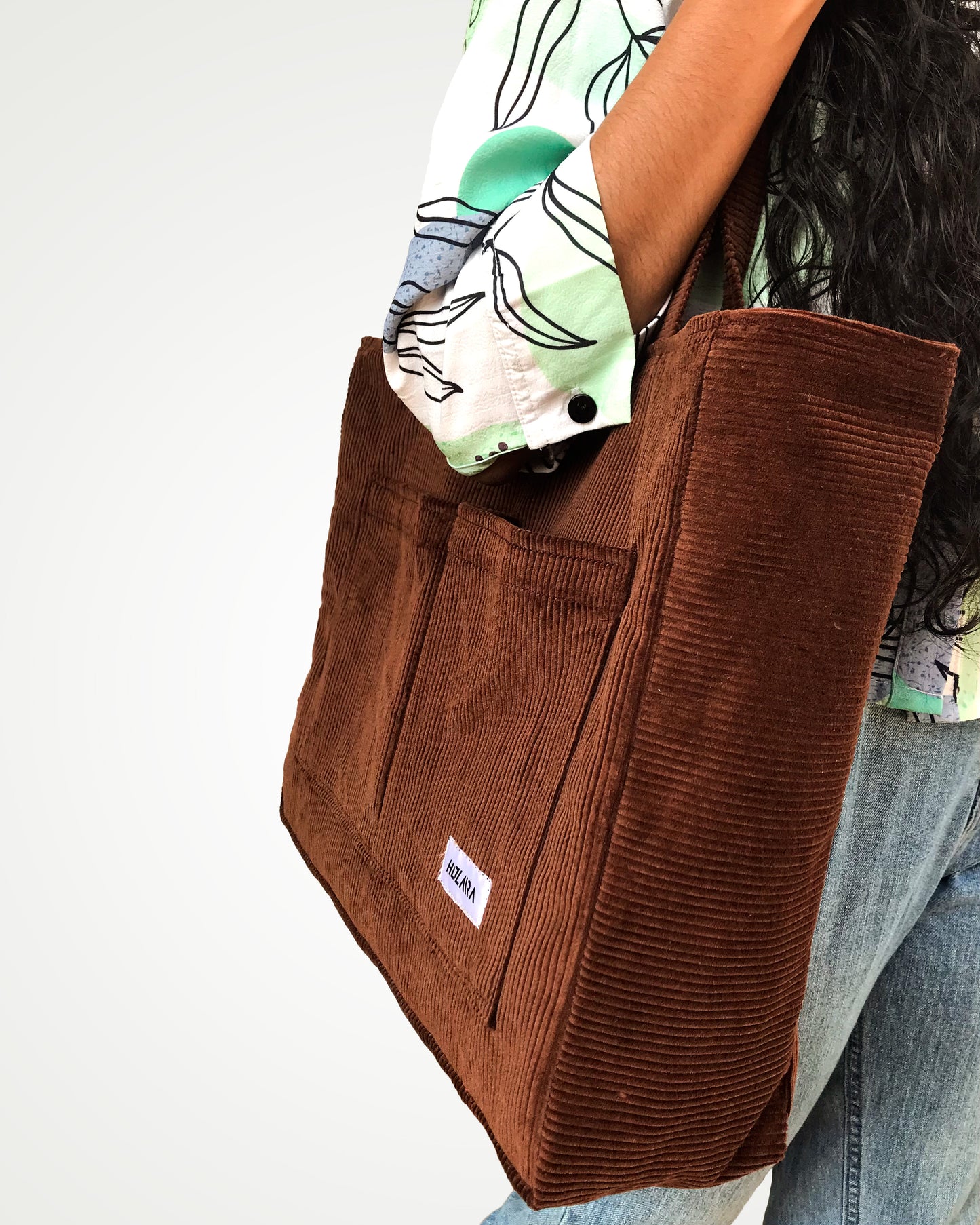 Corduroy Organized Tote Bag - Coffee Brown