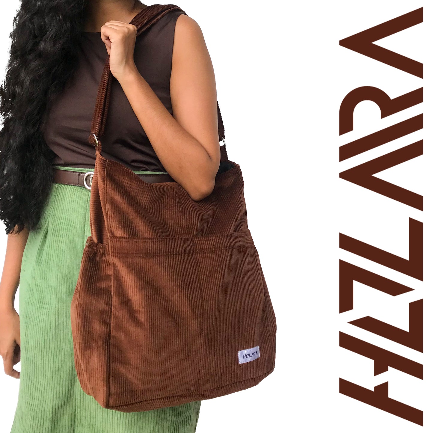 Corduroy Organized Shoulder Bag - Coffee Brown