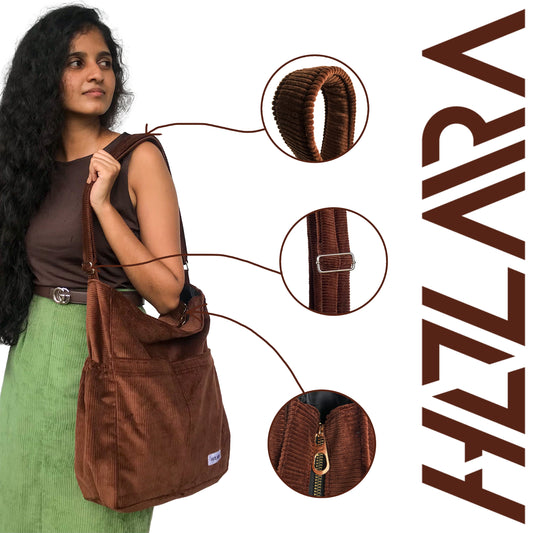 Corduroy Organized Shoulder Bag - Coffee Brown