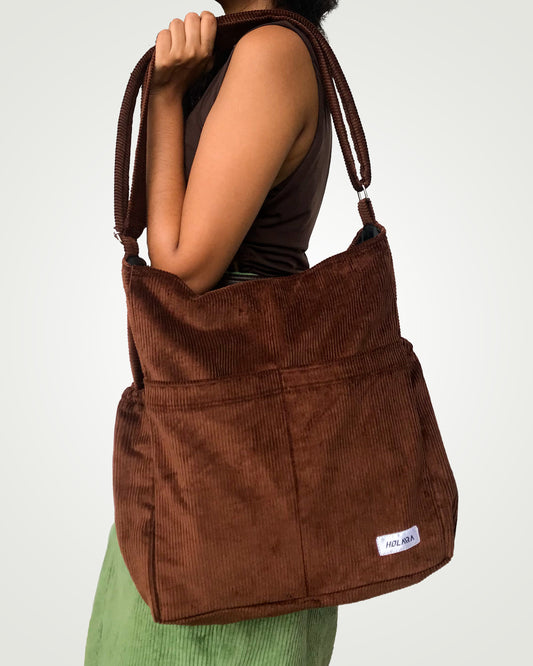 Corduroy Organized Shoulder Bag - Coffee Brown
