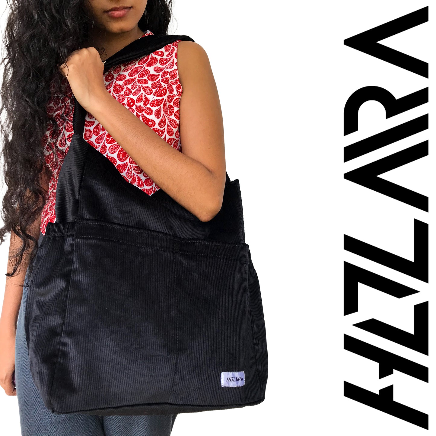 Corduroy Organized Shoulder Bag - Black
