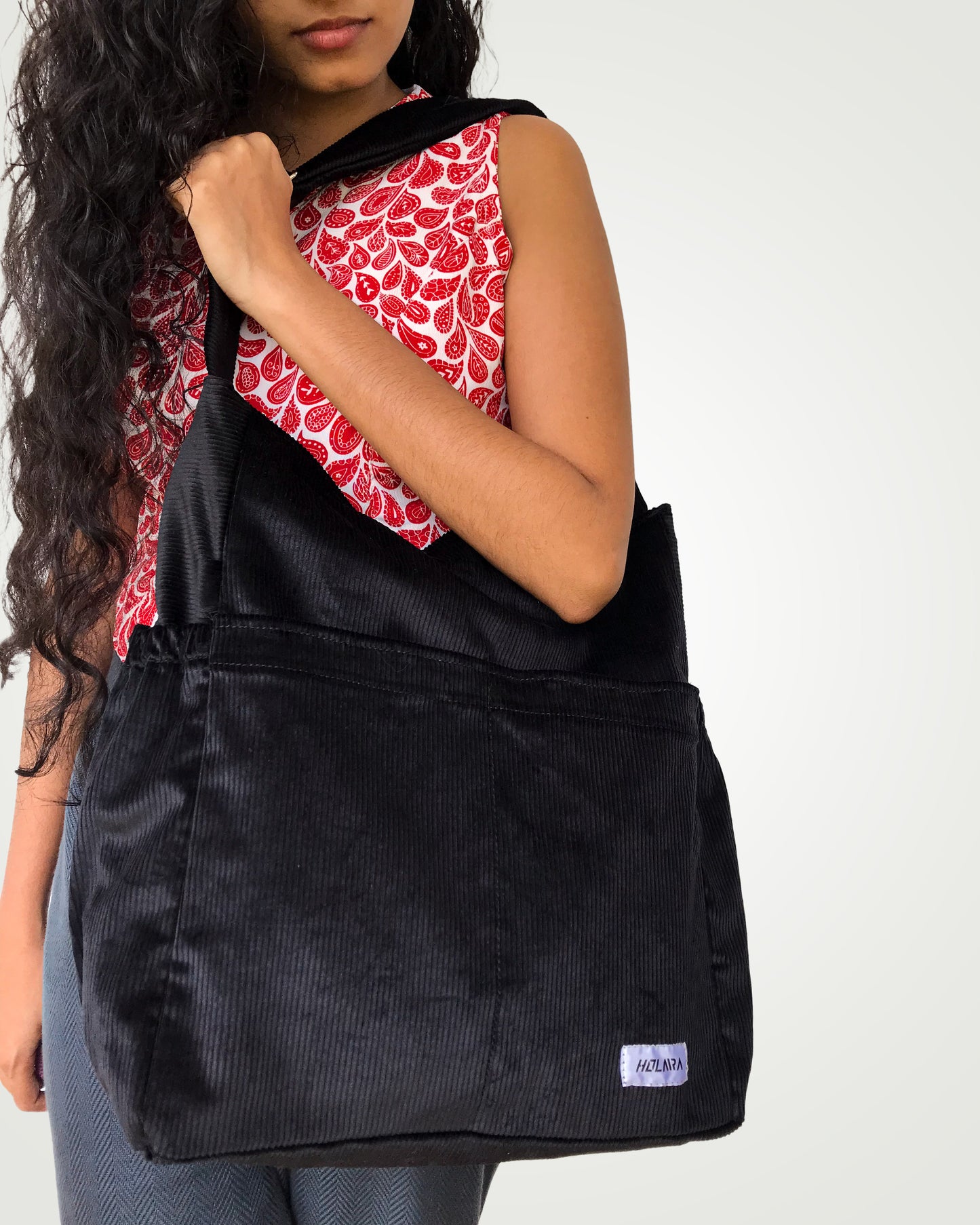 Corduroy Organized Shoulder Bag - Black