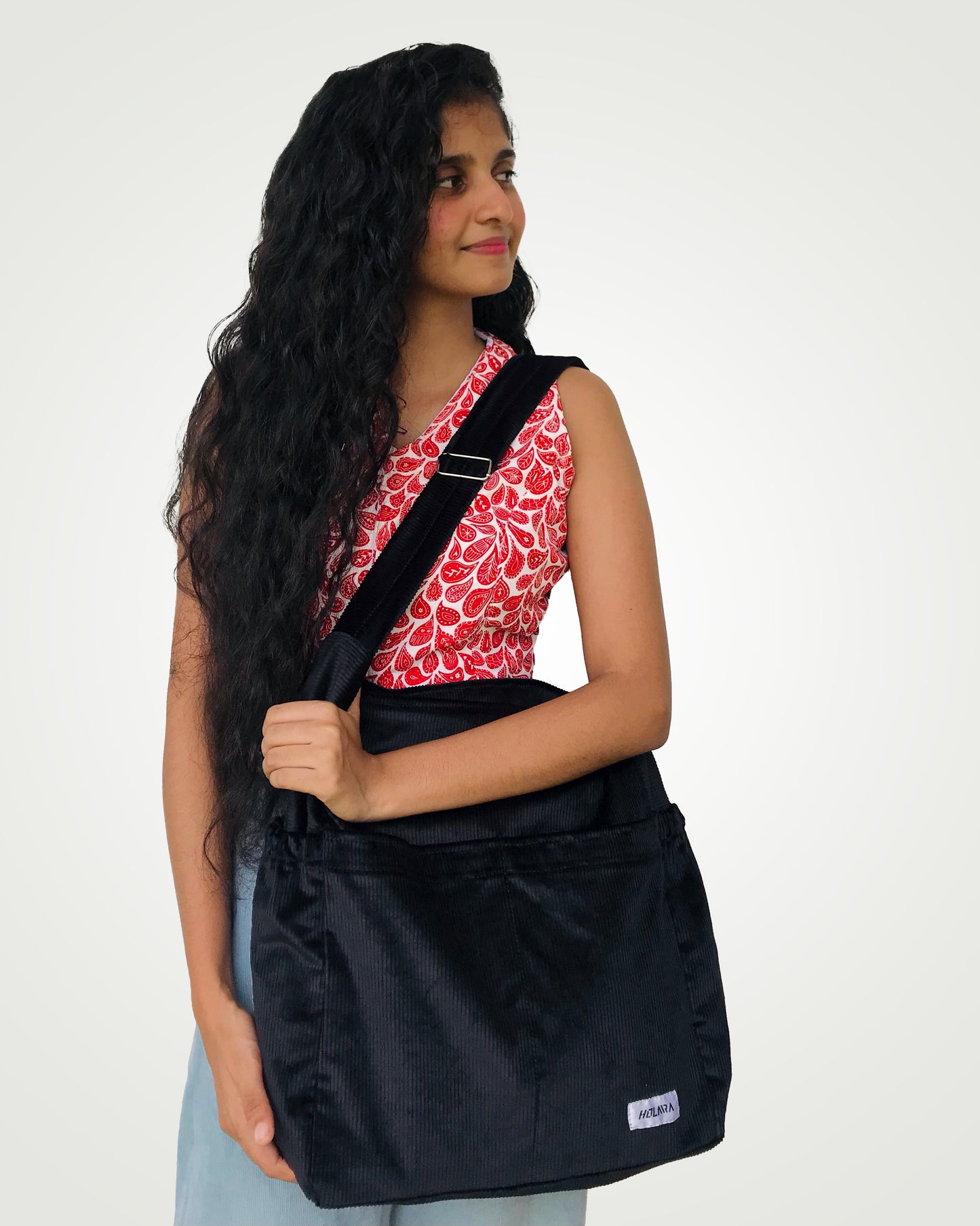 Corduroy Organized Shoulder Bag - Black