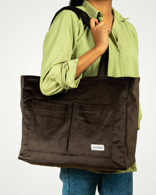 Corduroy Organized Tote Bag - Dark Brown