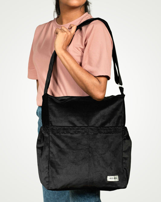Corduroy Organized Shoulder Bag - Black