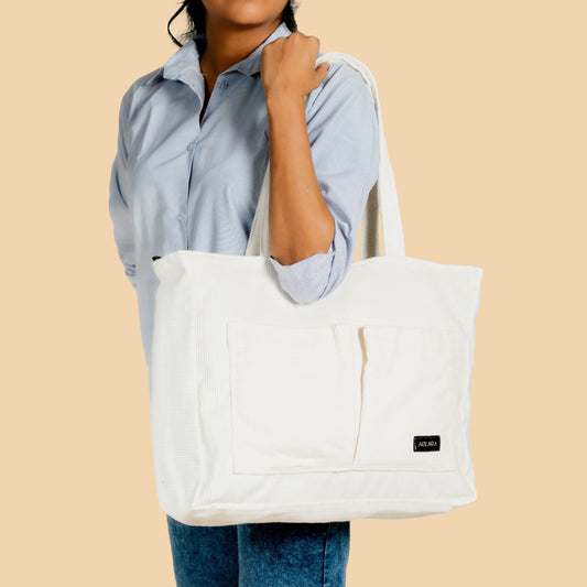 Corduroy Organized Tote Bag - White