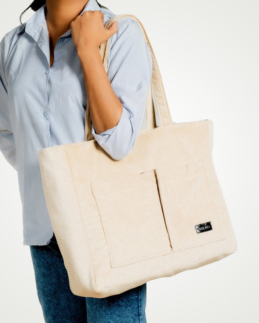 Corduroy Organized Tote Bag - Beige