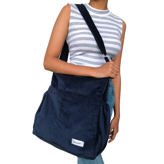 Corduroy Organized Shoulder Bag - Dark Blue
