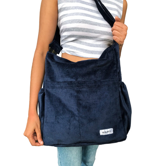 Corduroy Organized Shoulder Bag - Dark Blue