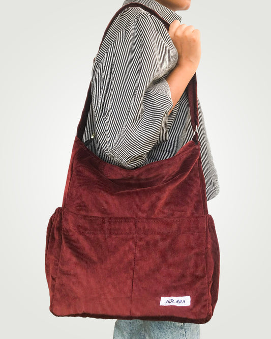 Corduroy Organized Shoulder Bag - Maroon