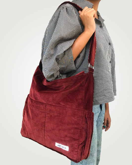 Corduroy Organized Shoulder Bag - Maroon