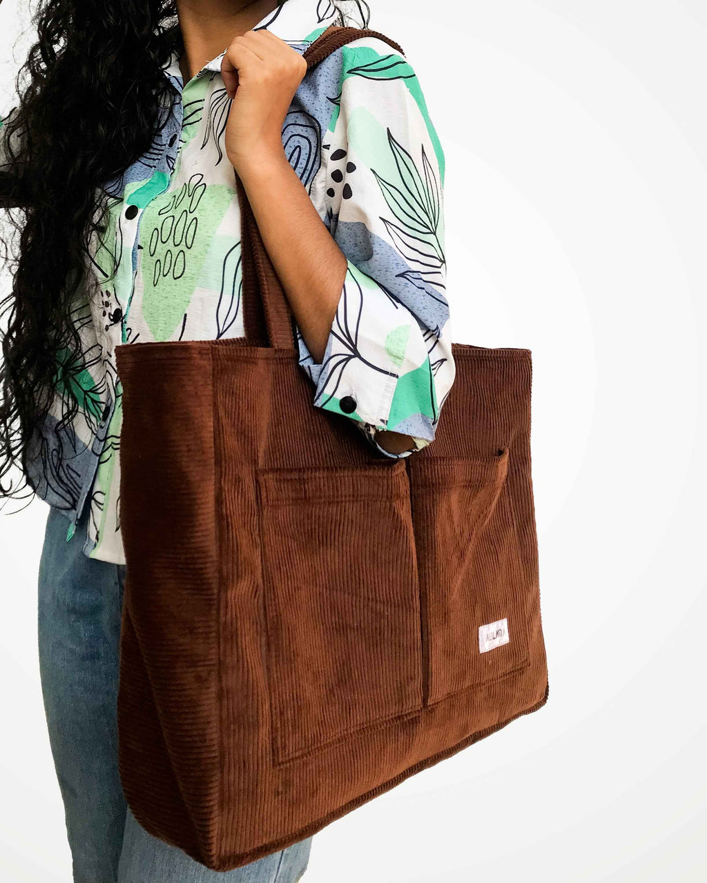 Corduroy Organized Tote Bag - Coffee Brown