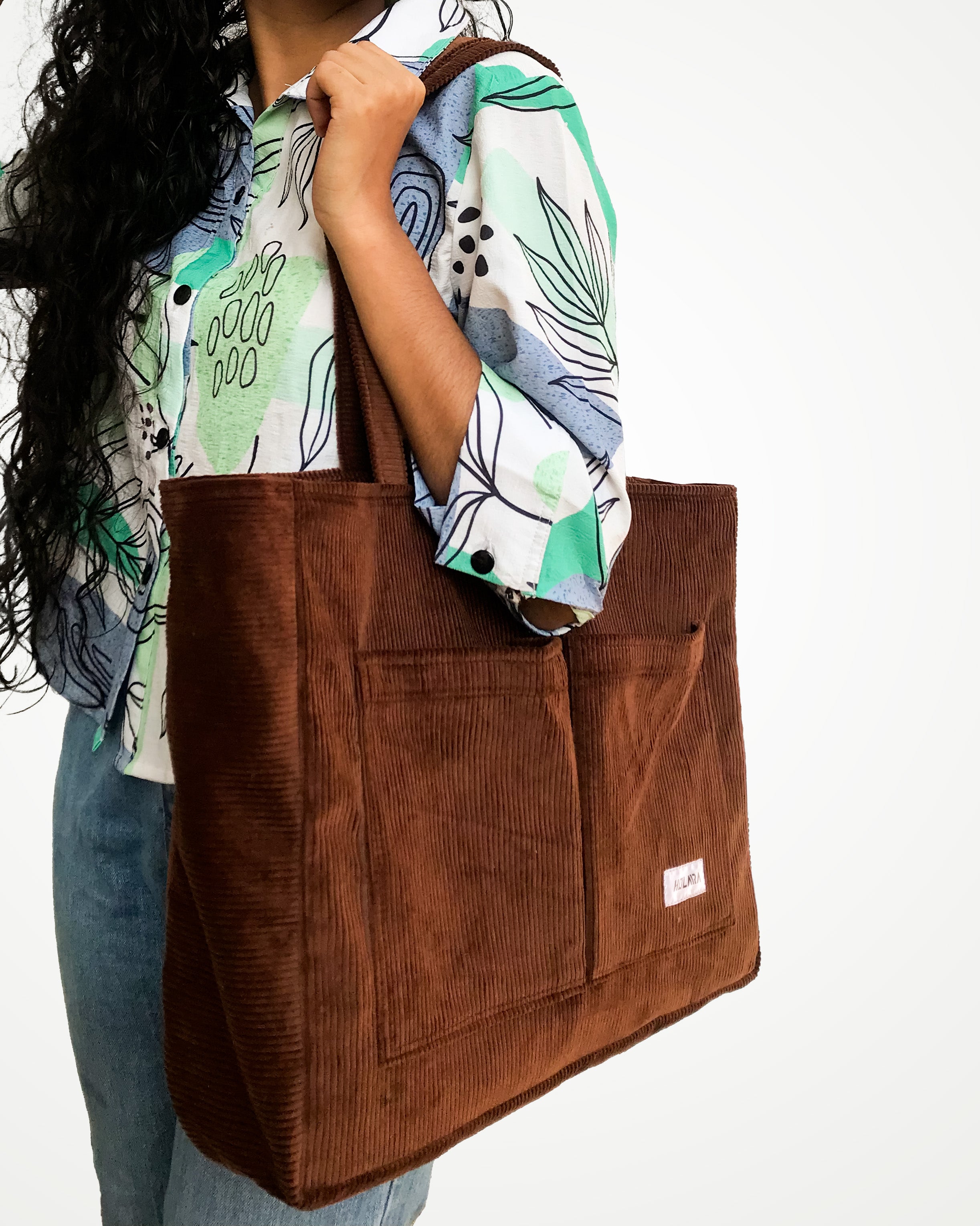 Corduroy Organized Tote Bag - Coffee Brown