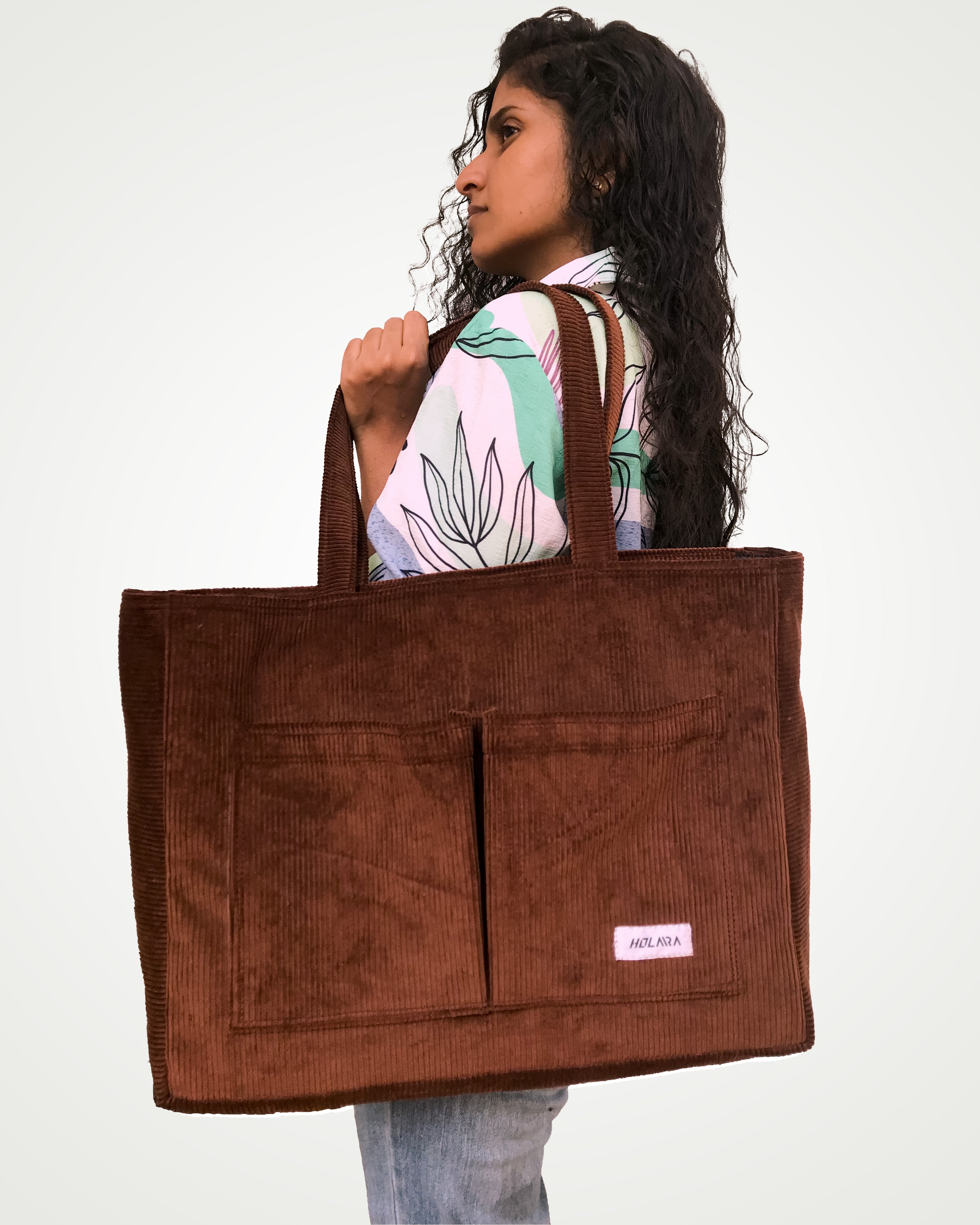 Corduroy Organized Tote Bag - Coffee Brown