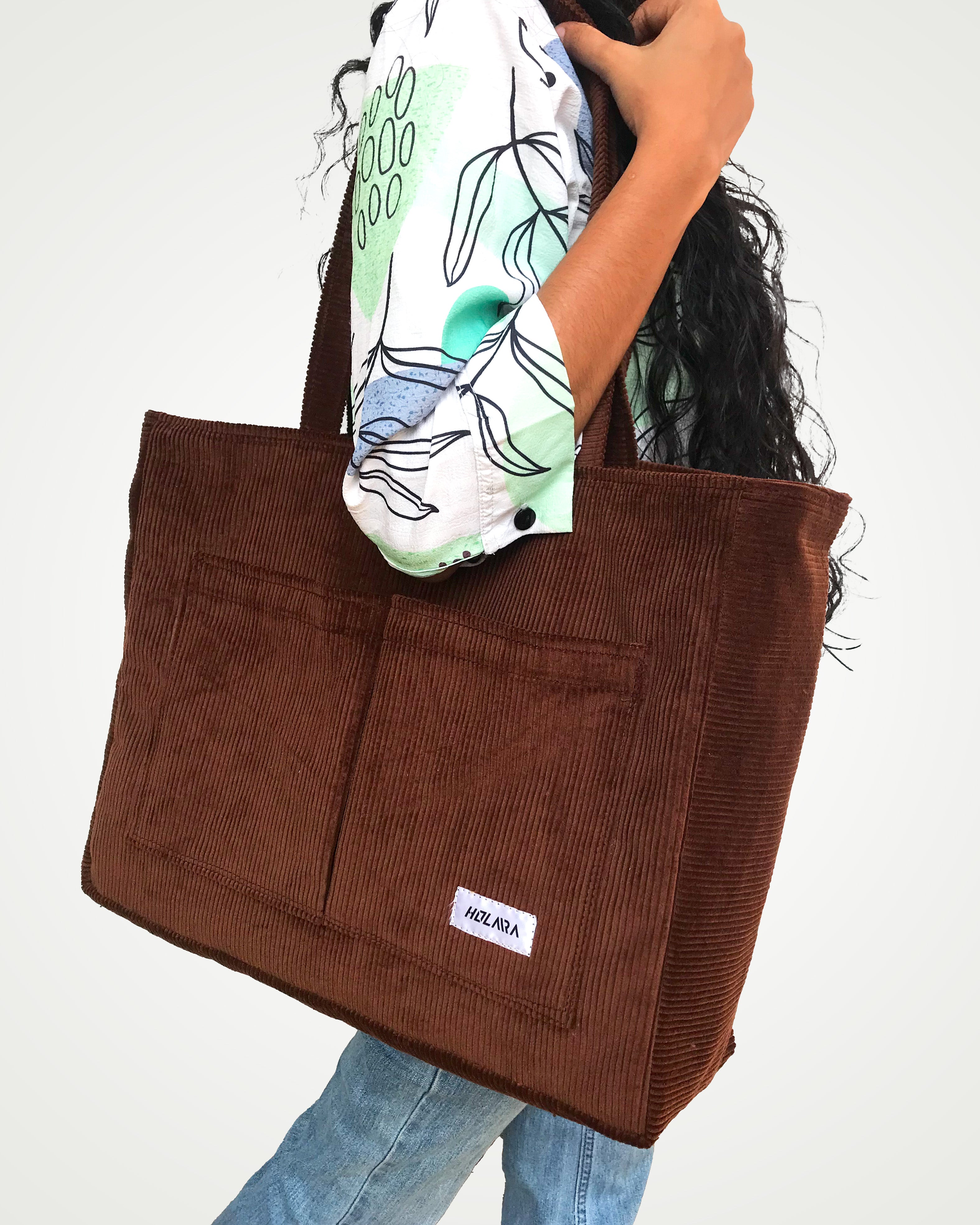 Corduroy Organized Tote Bag - Coffee Brown