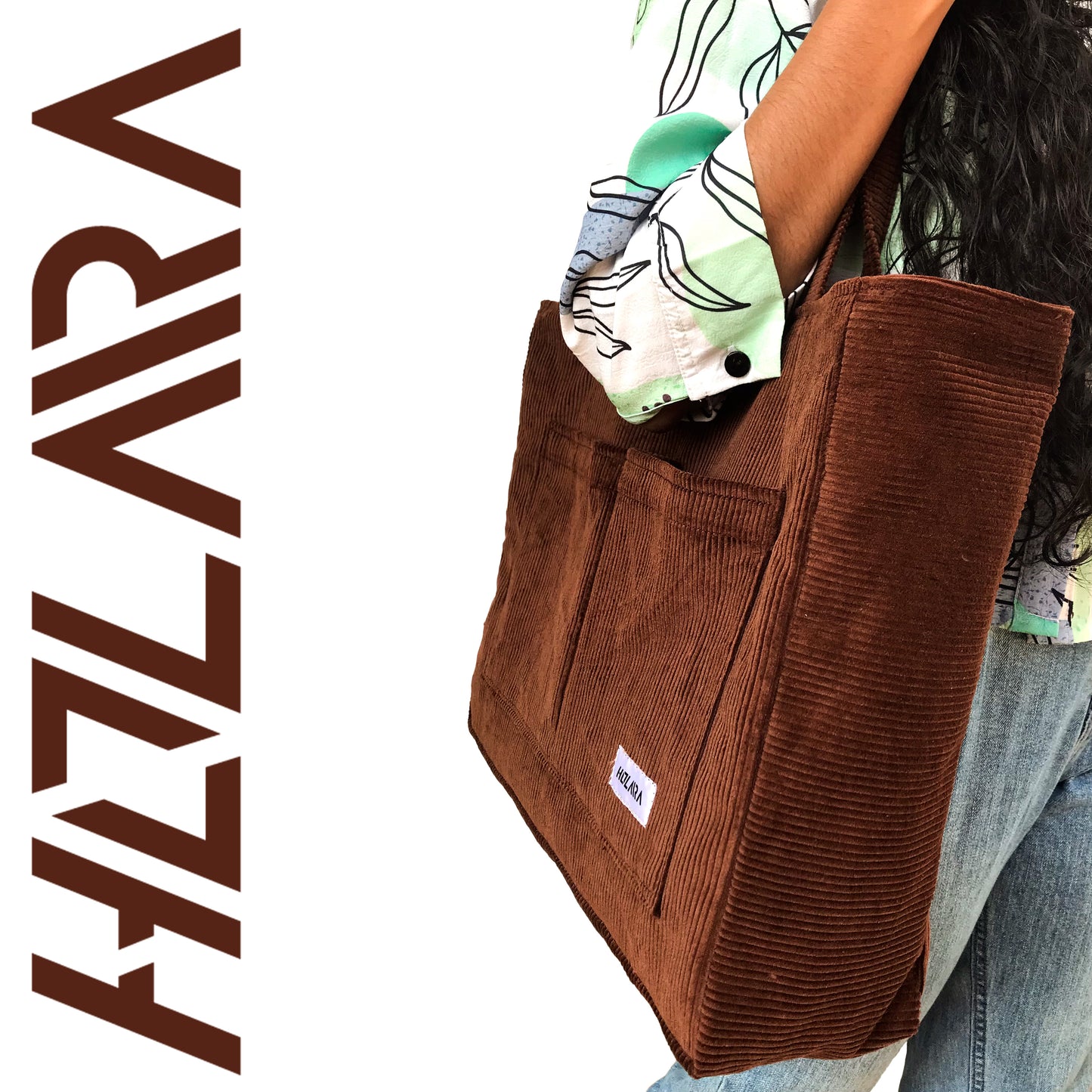 Corduroy Organized Tote Bag - Coffee Brown