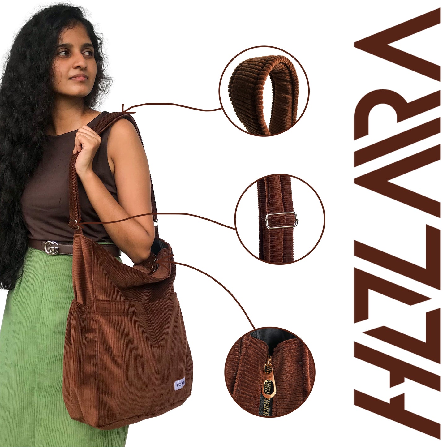 Corduroy Organized Shoulder Bag - Coffee Brown