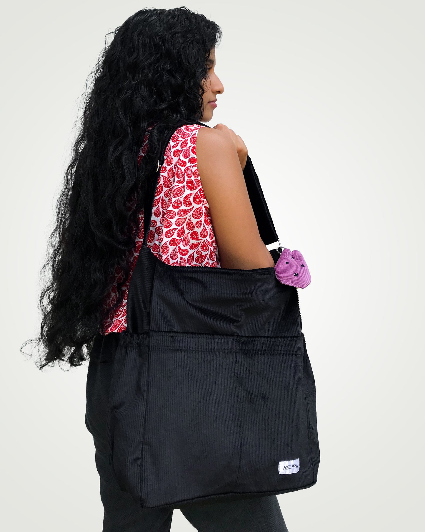 Corduroy Organized Shoulder Bag - Black