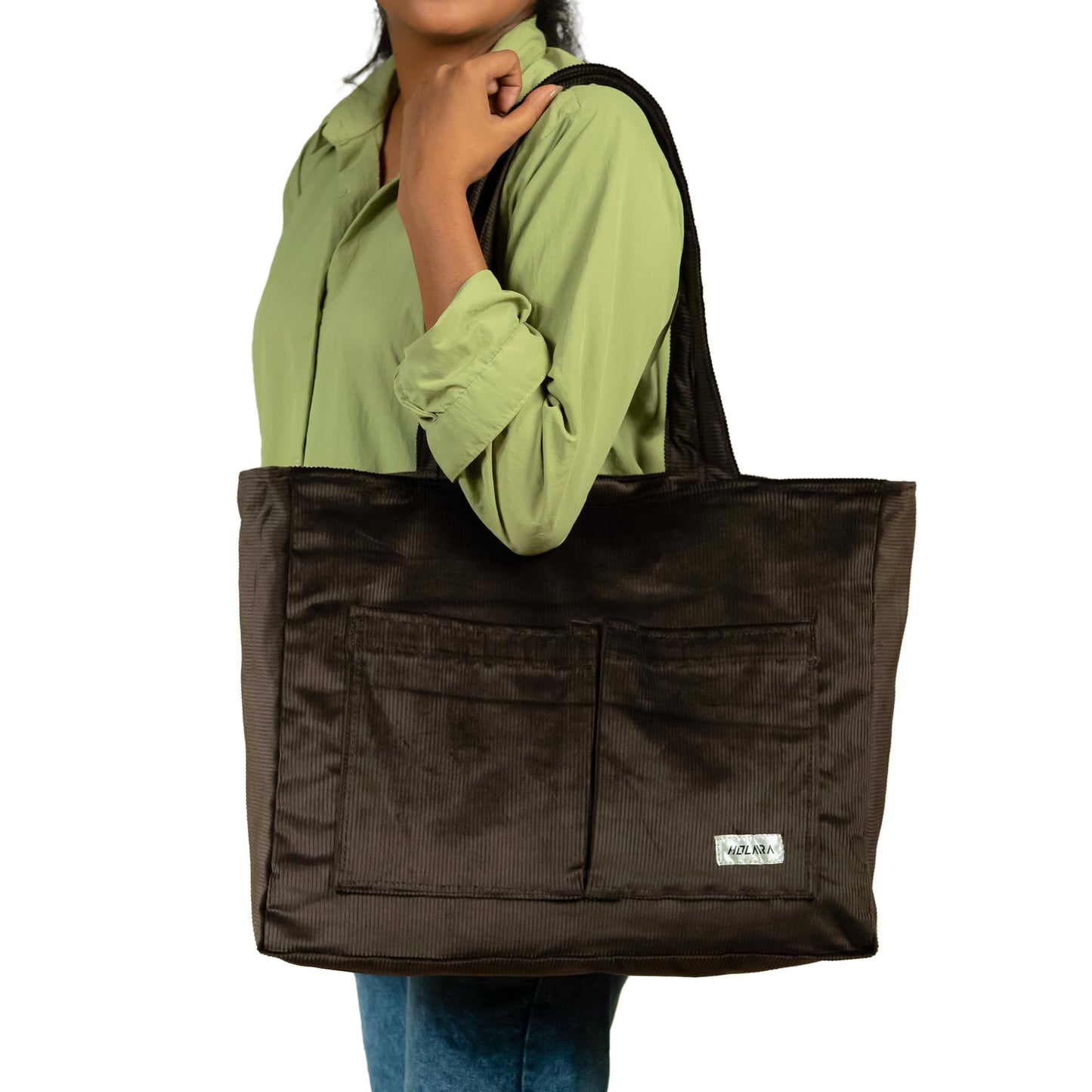 Corduroy Organized Tote Bag - Dark Brown