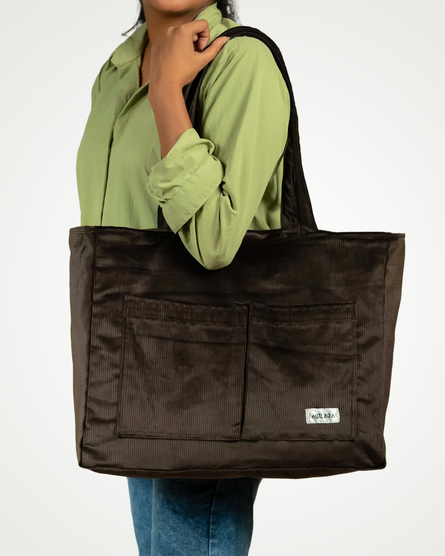 Corduroy Organized Tote Bag - Dark Brown