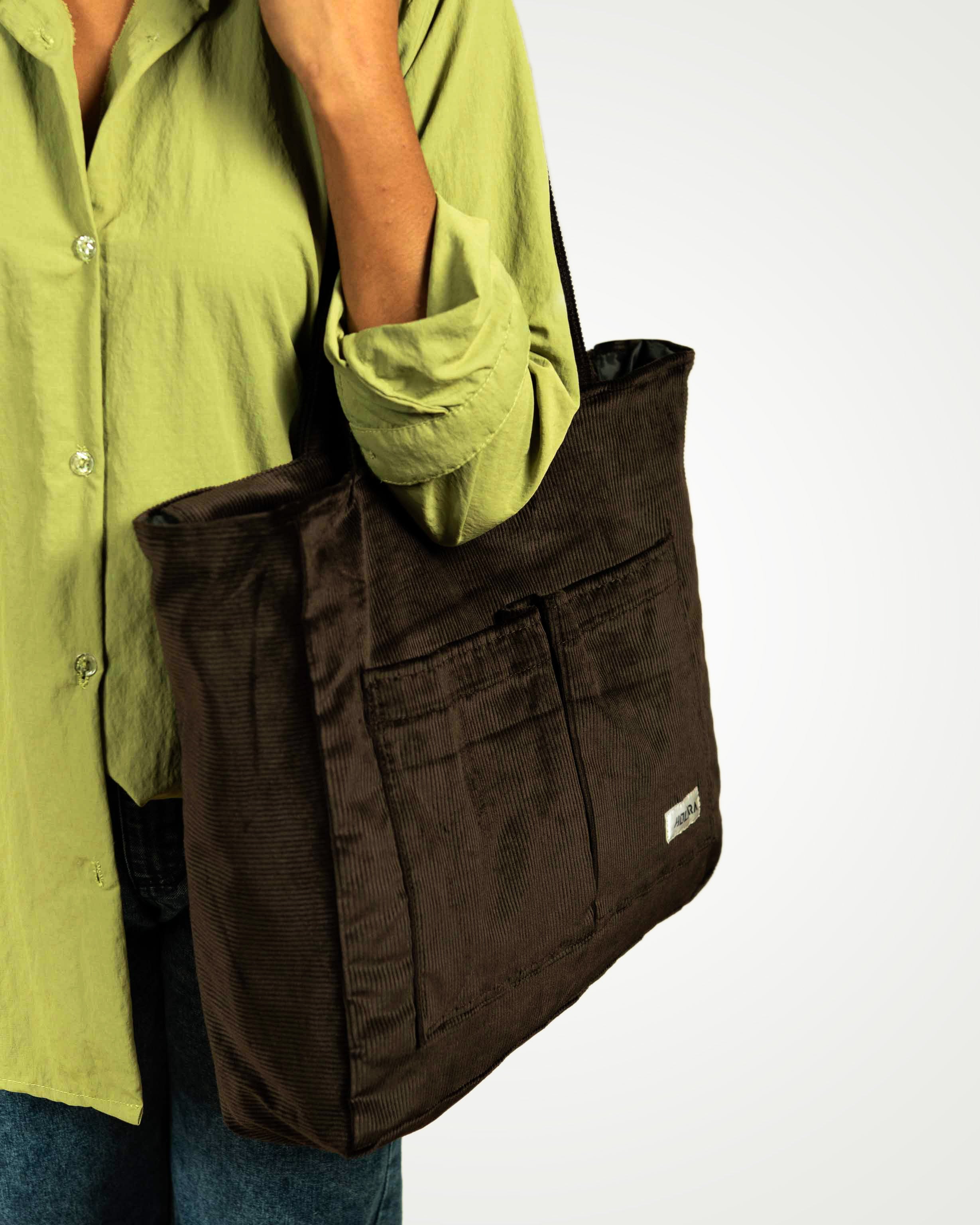 Corduroy Organized Tote Bag - Dark Brown