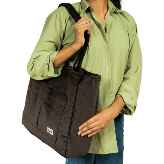 Corduroy Organized Tote Bag - Dark Brown