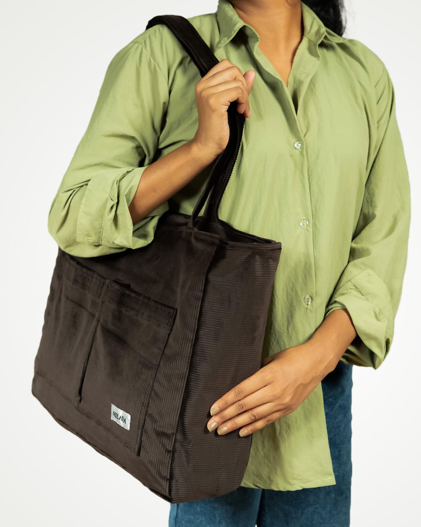 Corduroy Organized Tote Bag - Dark Brown