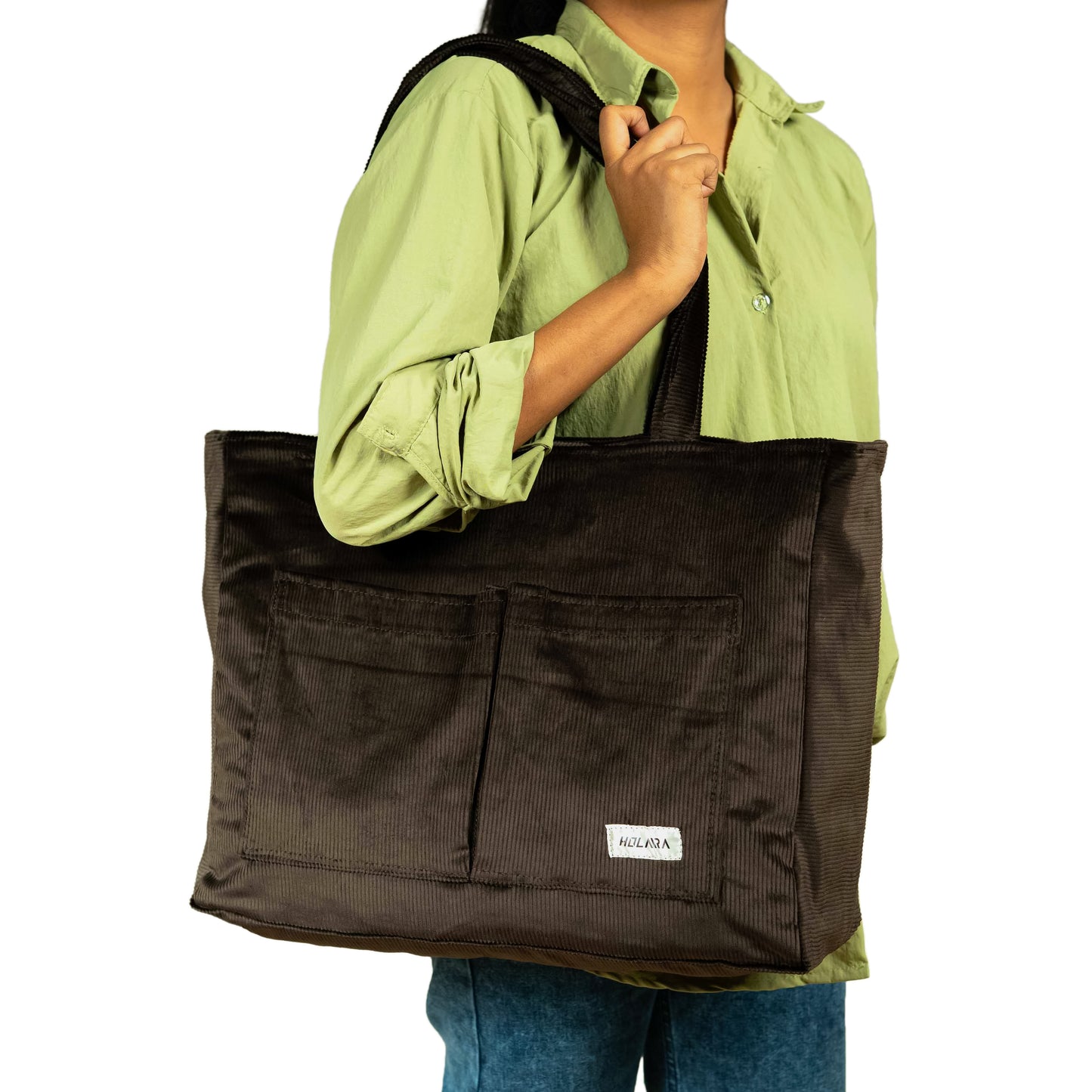 Corduroy Organized Tote Bag - Dark Brown