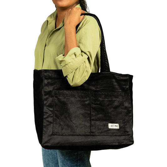Corduroy Organized Tote Bag - Black