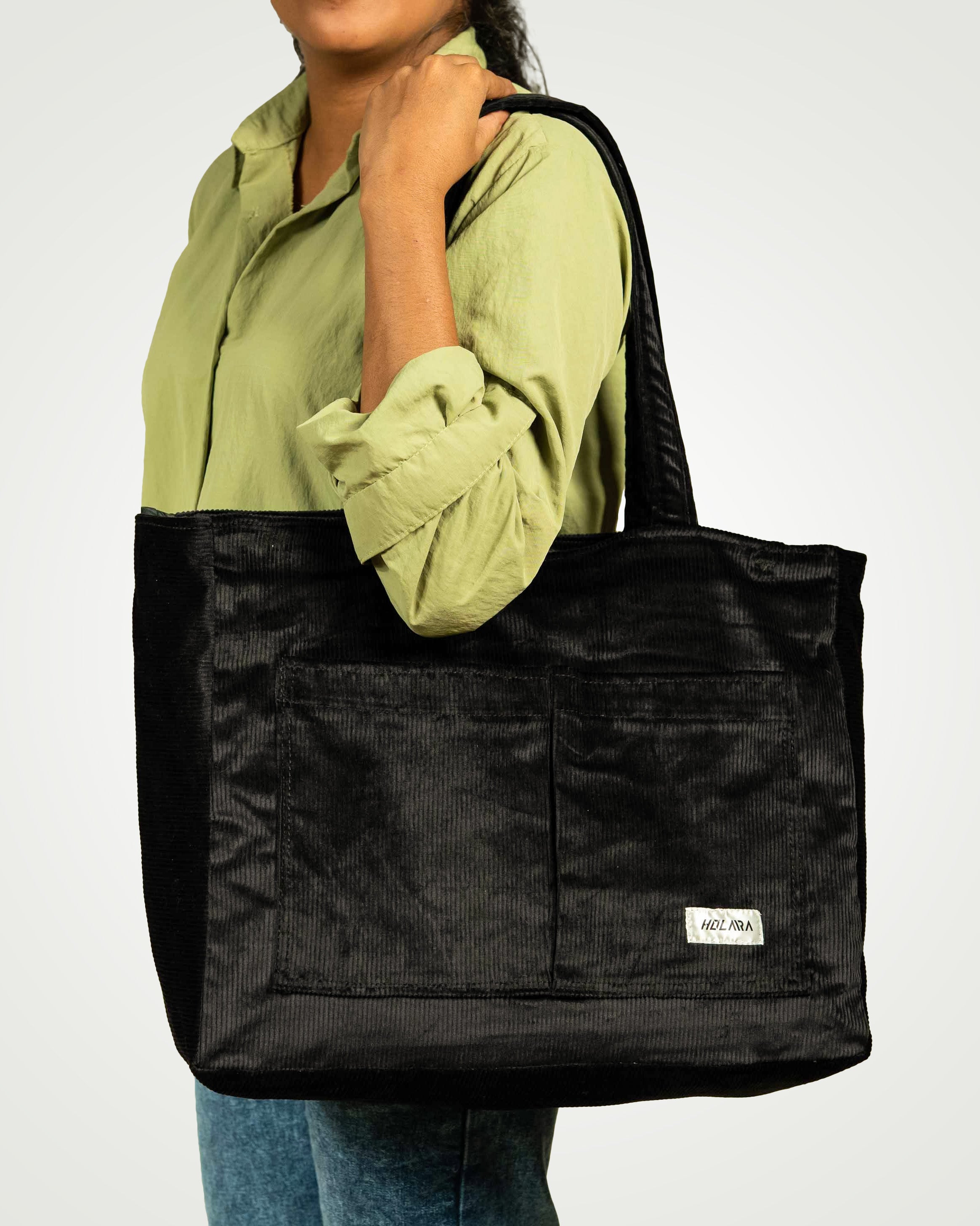 Corduroy Organized Tote Bag - Black
