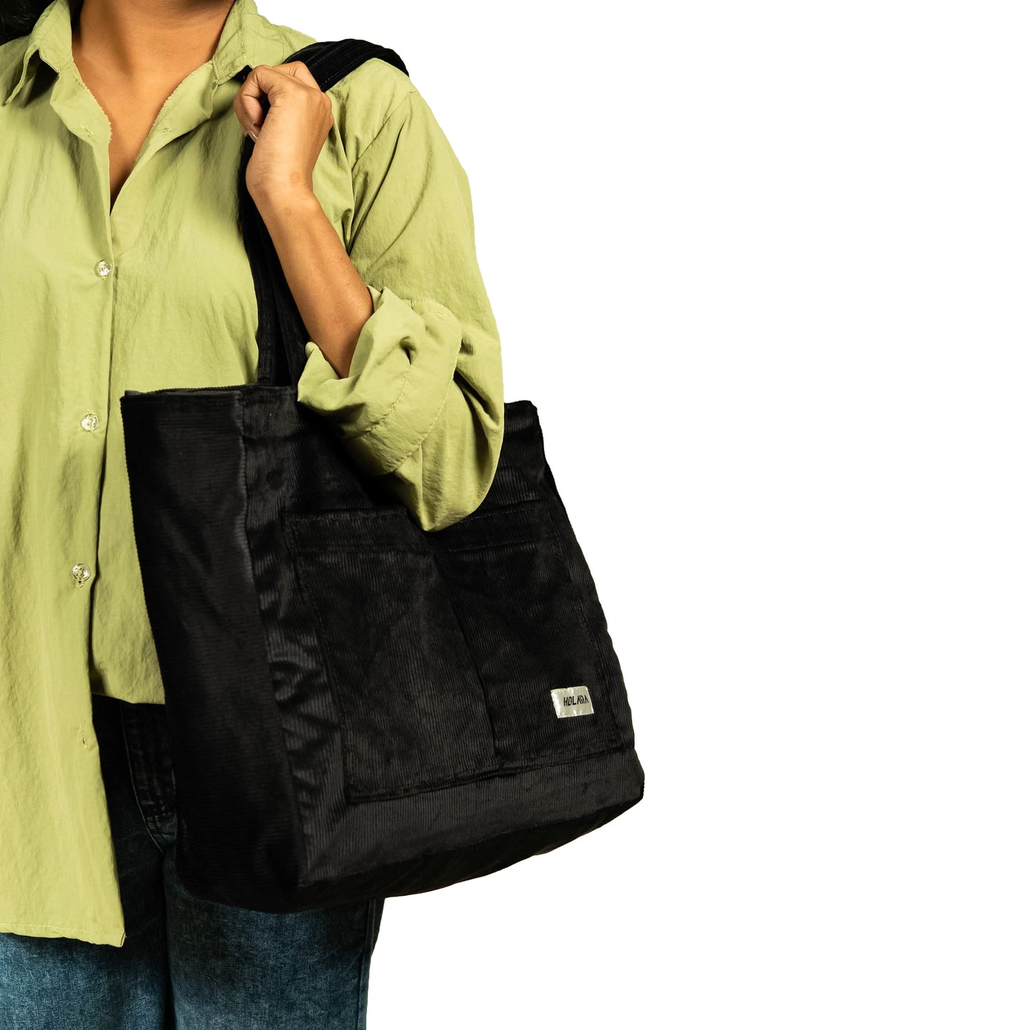 Corduroy Organized Tote Bag - Black