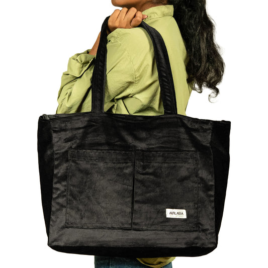 Corduroy Organized Tote Bag - Black