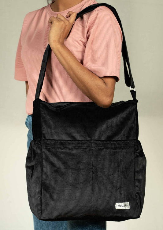Corduroy Organized Shoulder Bag - Black