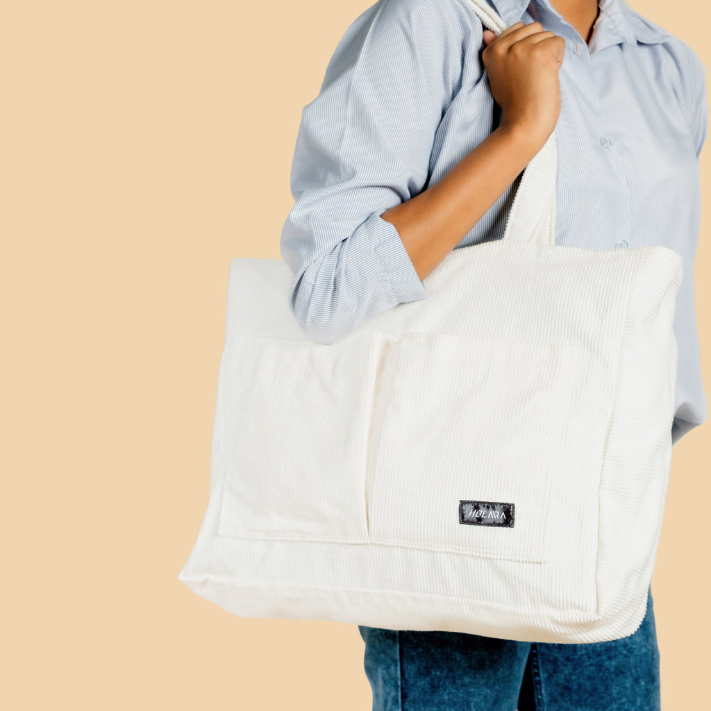 Corduroy Organized Tote Bag - White