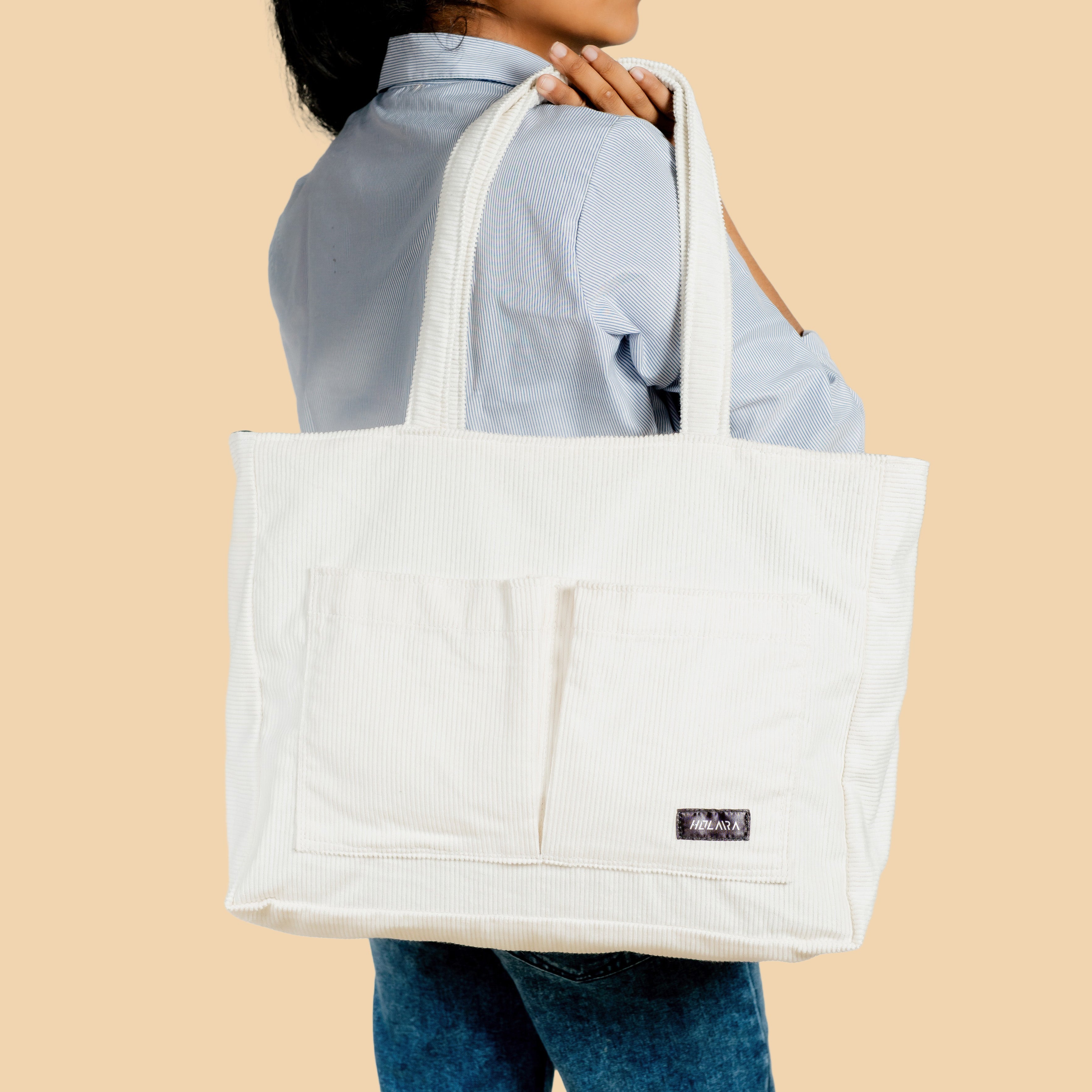 Corduroy Organized Tote Bag - White