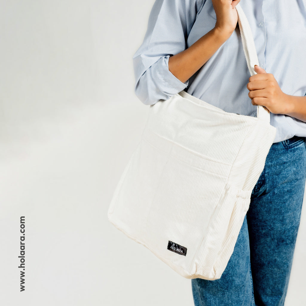 Corduroy Organized Shoulder Bag - White