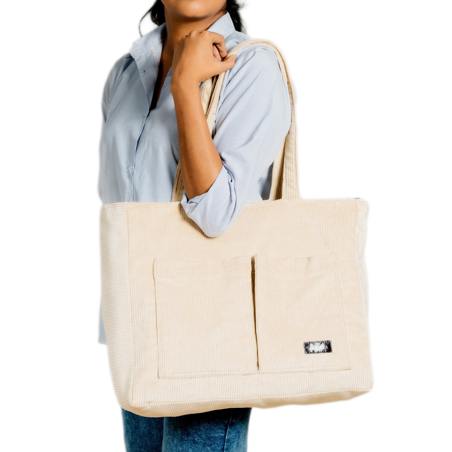 Corduroy Organized Tote Bag - Beige