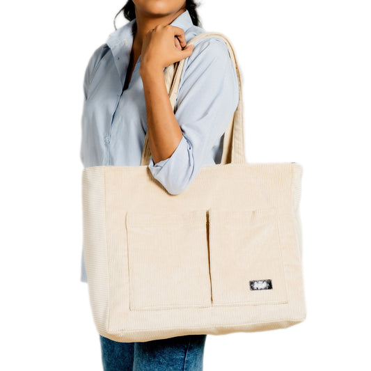 Corduroy Organized Tote Bag - Beige