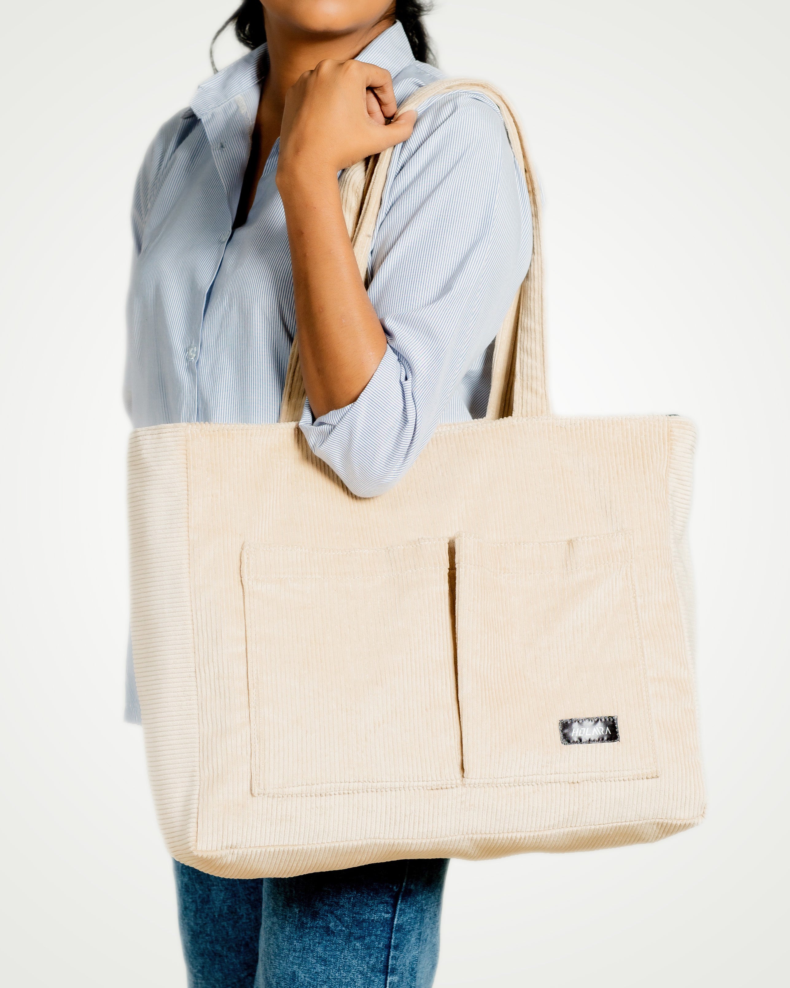 Corduroy Organized Tote Bag - Beige