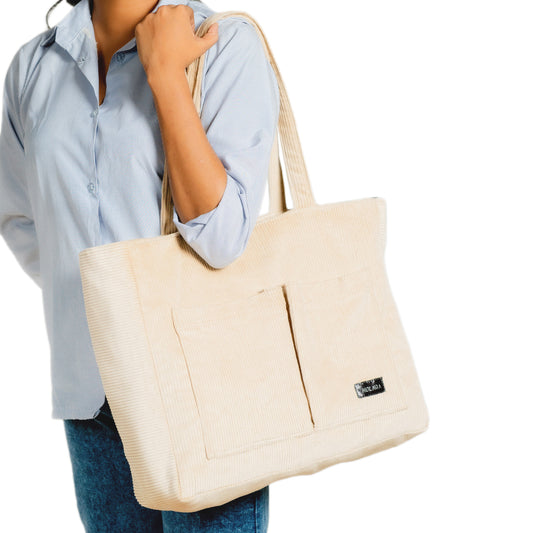 Corduroy Organized Tote Bag - Beige