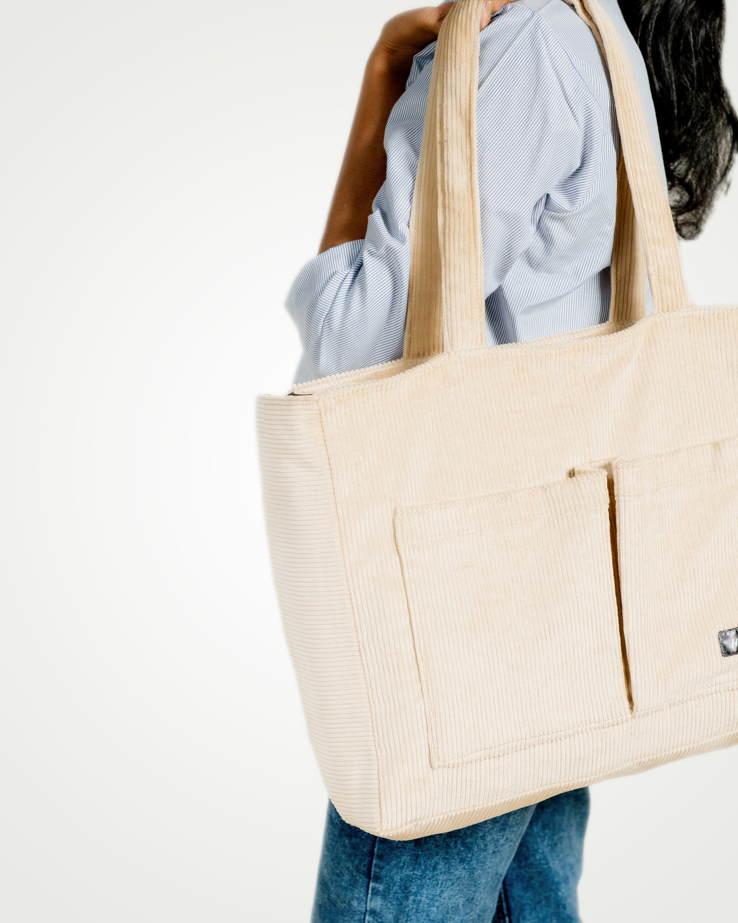 Corduroy Organized Tote Bag - Beige