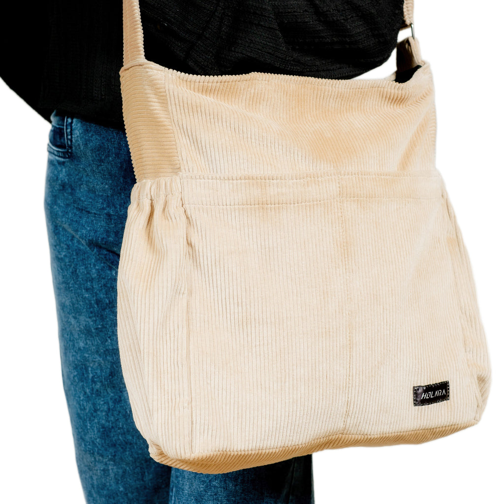 Corduroy Organized Shoulder Bag - Beige